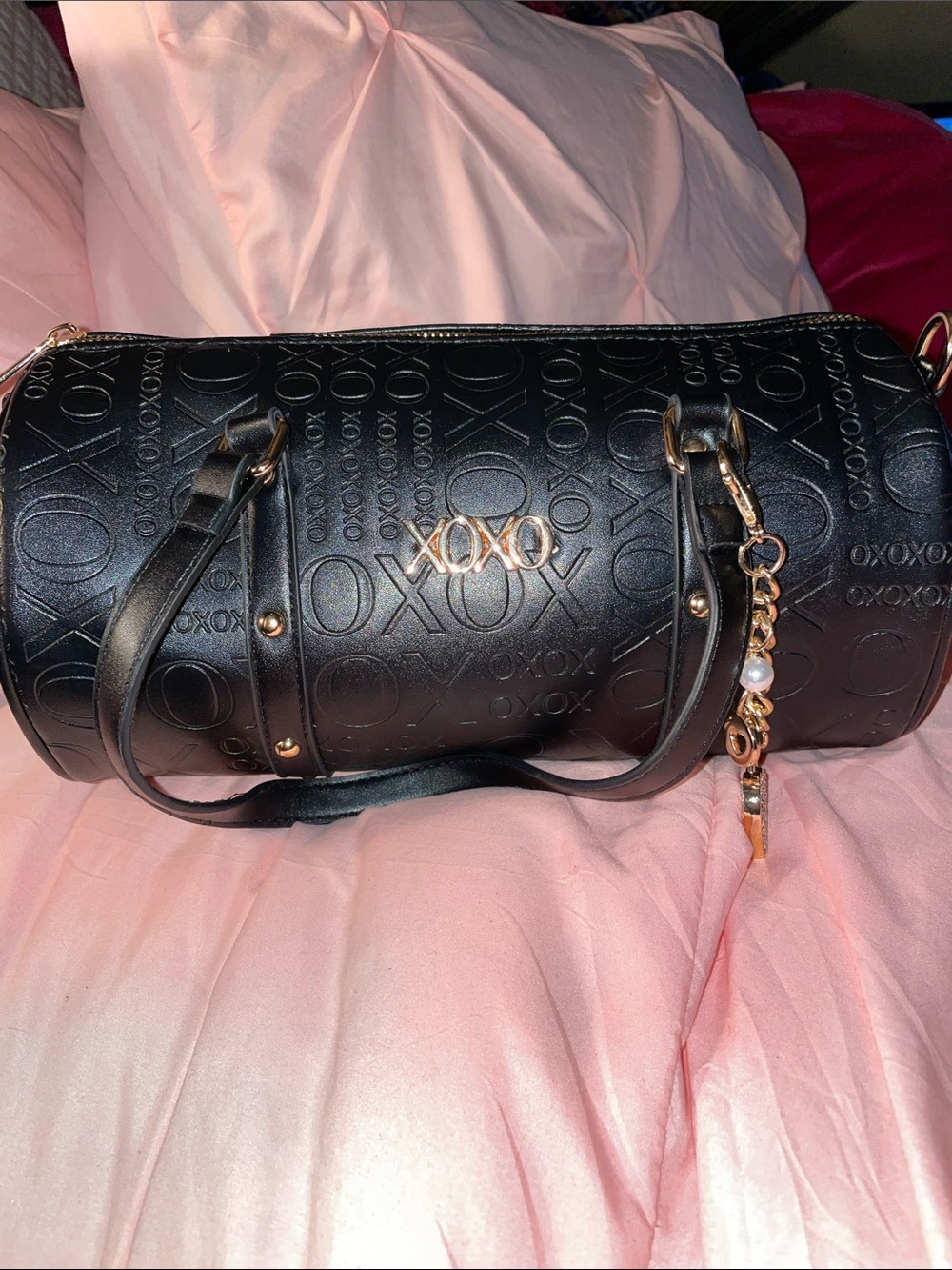 XOXO Black Embossed Barrel Bag with Gold Hardware and Charm